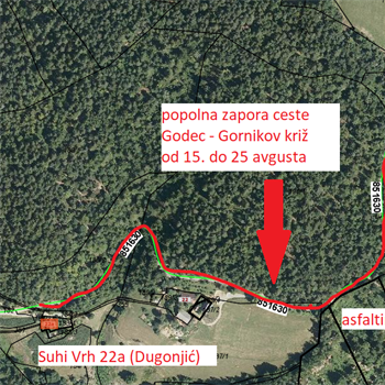 Obvestilo o popolni zapori ceste zaradi asfaltiranja na cesti Godec - Gornikov križ (JP 851 631)